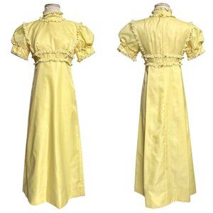 70s vintage victorian puff sleeve dress lace ruffle empire waist maxi mockneck.